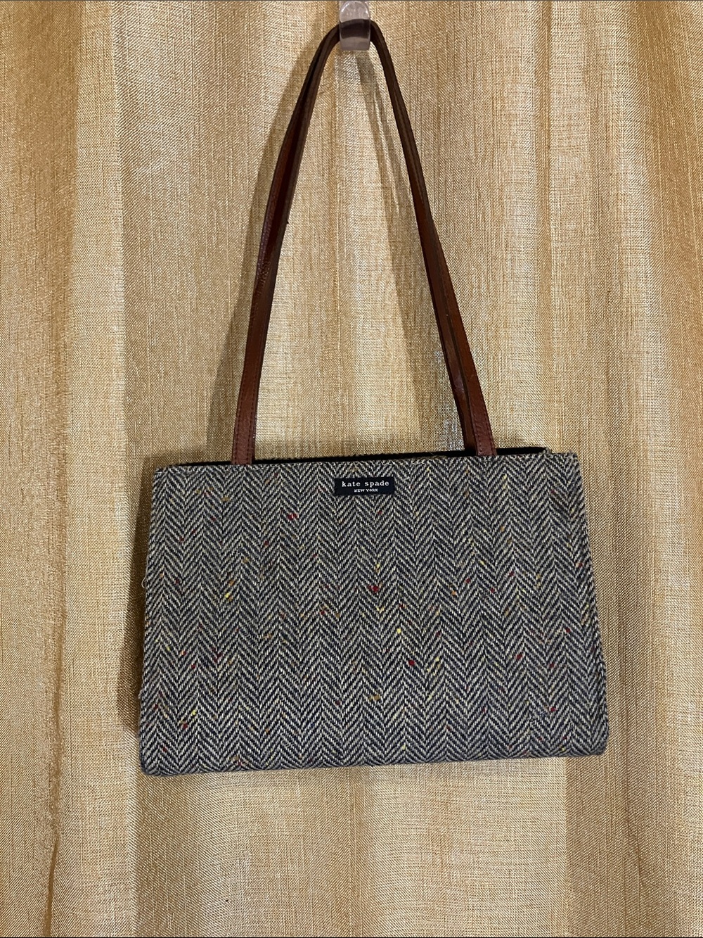 kate spade Gray Herringbone Tweed Shoulder Bag with Brown Straps